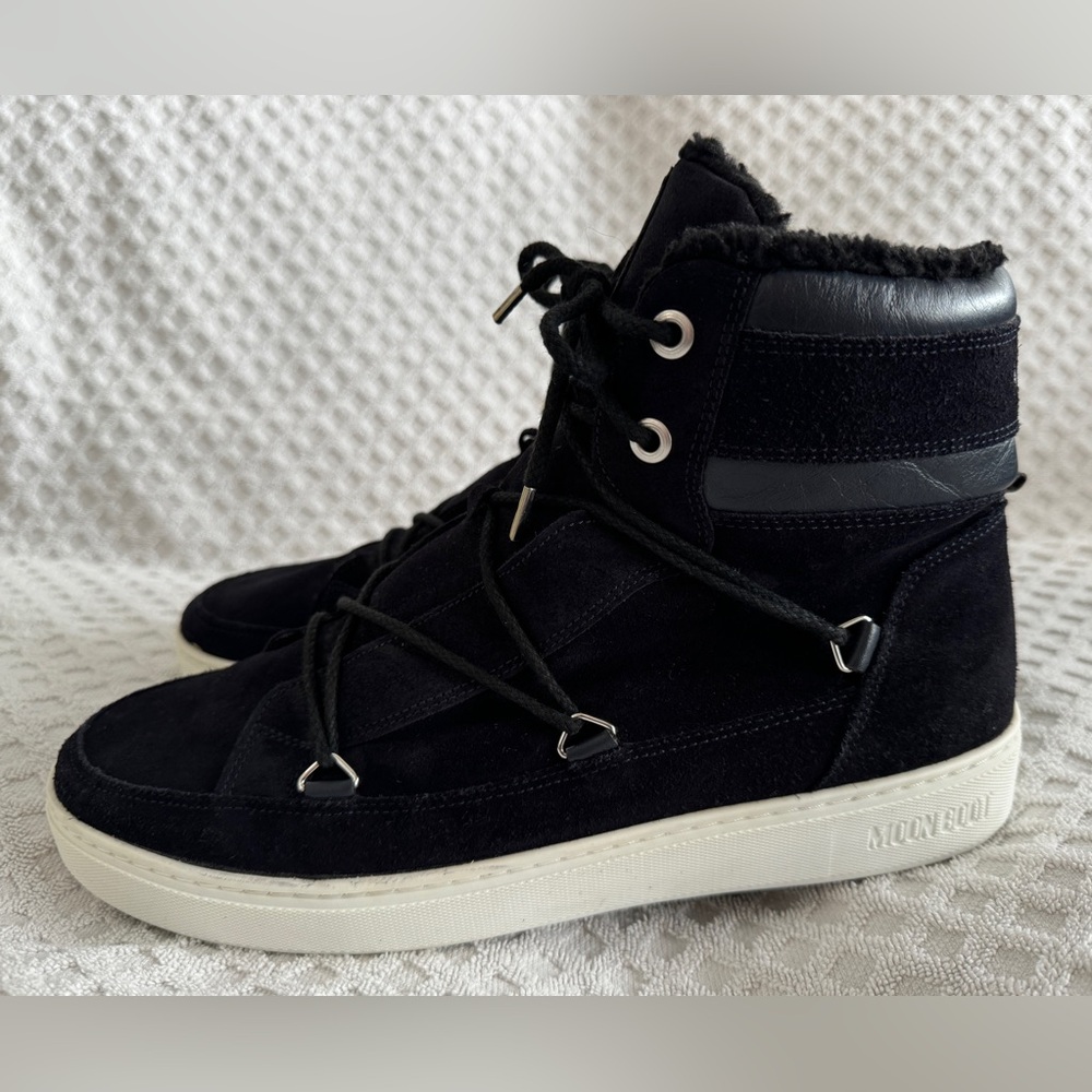 Tecnica Moon Boots Mercury High Paris Boot Black Suede Leather Faux Fur Size 10 - Picture 3 of 15
